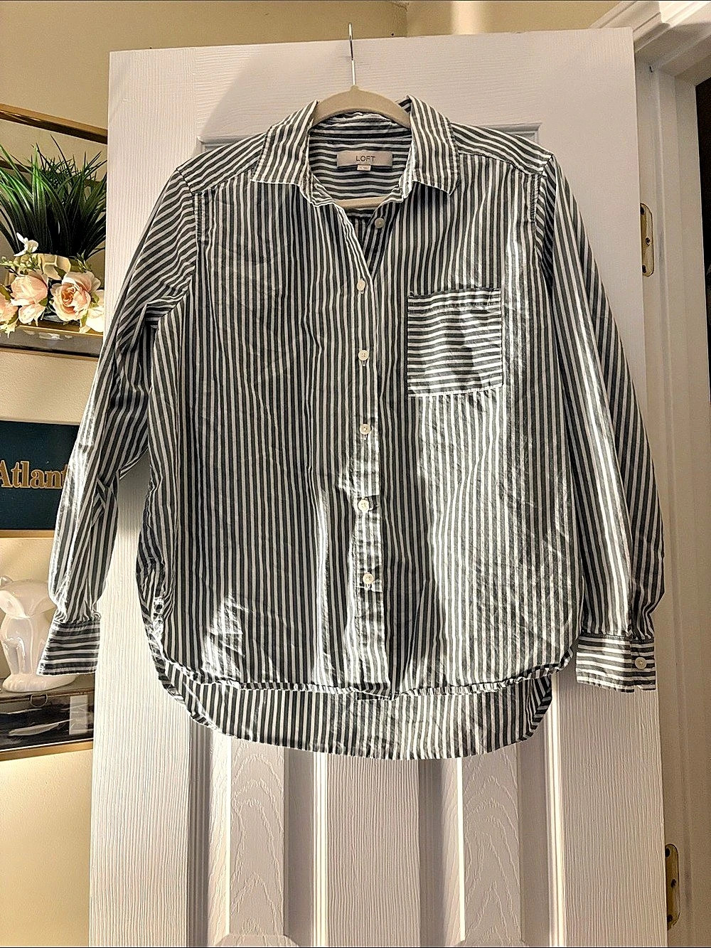 LOFT Striped Everyday Oversized Pocket Shirt Green & White Medium